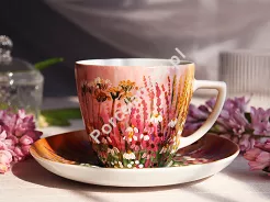 Filiżanka ze spodkiem 0,35 L / 17 cm ręcznie malowana - Łąka brzoskwiniowa (14) DA.FS35-14