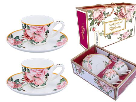 Komplet 2 filiżanek ze spodkiem espresso 0,1 L Carmani - Róże 33.840-1731