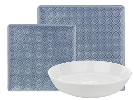 Komplet talerzy na 6 osób (18 el) kwadratowy Lubiana - Marrakesz Szaro-Niebiesko-Biały
