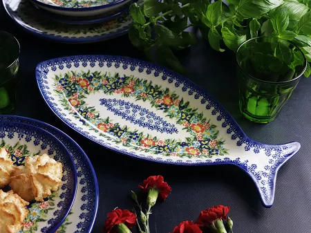 Półmisek do ryb 37 cm Bolesławiec - Kwiatowy Ogród