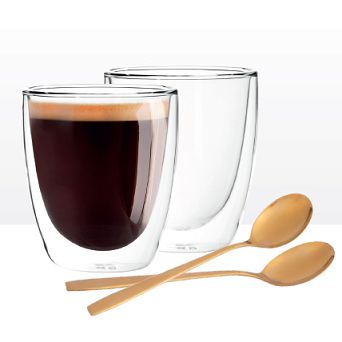 Kpl. 2 szklanek termicznych 330 ml + 2 złote łyżeczki do latte Altom Design - Andrea 07.AND.3279