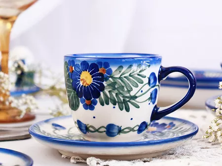 Filiżanka ze spodkiem 0,22 L / 14 cm Bolesławiec - Kwiaty Kuleszy gat. I