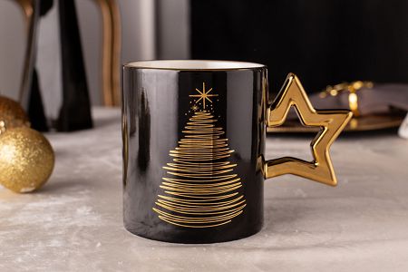 Kubek 0,35 L Altom Design - Golden Christmas Czarny Choinka Gwiazda 07.GC.K35-C
