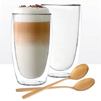 Kpl. 2 szklanek termicznych 380 ml + 2 złote łyżeczki do latte Altom Design - Andrea 07.AND.3278