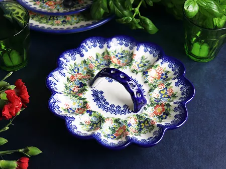 Półmisek do jaj 22 cm z uchwytem Bolesławiec - Kwiatowy Ogród