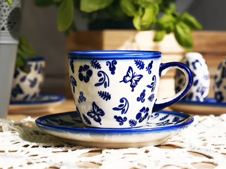 Filiżanka ze spodkiem 0,22 L / 14 cm Bolesławiec - Niebieskie Motyle gat. I