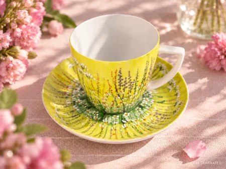Filiżanka ze spodkiem 0,35 L / 17 cm ręcznie malowana - Żółta łąka DA.FS35-13A