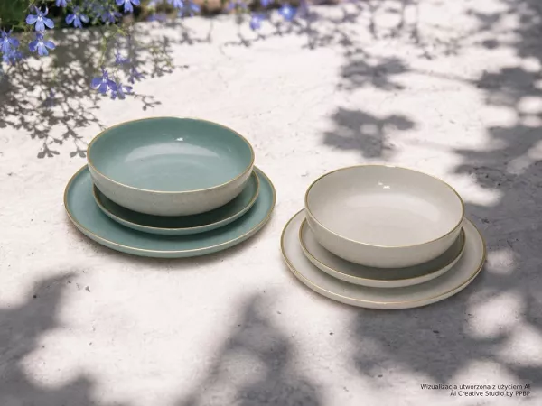Komplet talerzy na 6 osób (18 el.) Bogucice - Alumina Granite Mint Blue i Cool White Gold Nordica 1129G 1128G Komplet talerzy na 6 osób (18 el.) Bogucice - Alumina Granite Mint Blue i Cool White Gold Nordica 1129G 1128G