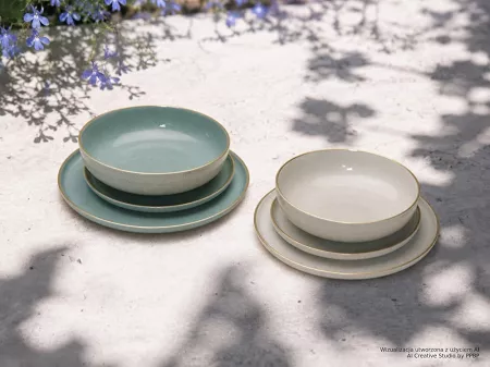 Komplet talerzy na 6 osób (18 el.) Bogucice - Alumina Granite Mint Blue i Cool White Gold Nordica 1129G 1128G