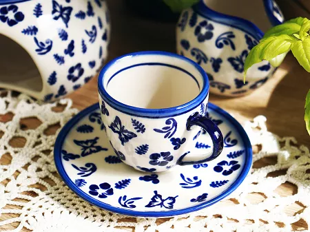 Filiżanka ze spodkiem do espresso 0,11 L / 12,5 cm Bolesławiec - Niebieskie Motyle gat. I