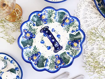 Półmisek do jaj 22 cm z uchwytem Bolesławiec - Kwiaty Kuleszy gat. I