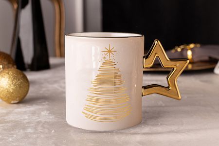 Kubek 0,35 L Altom Design - Golden Christmas Biały Choinka Gwiazda 07.GC.K35-B