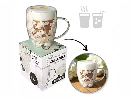 Szklanka termiczna z podwójną ścianką 0,3 L Ecarla - Hortensja Bloom White 20.SZK185