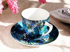 Filiżanka ze spodkiem 0,35 L / 17 cm ręcznie malowana - Kwiaty niebieskie (1) DA.FS35-1