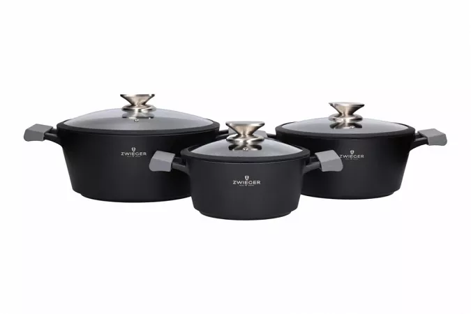 Komplet 4 garnków (8 el.) i 3 patelni (20, 24 i 28 cm) ZWIEGER - Black Stone 1Z.BS.K11 Komplet 4 garnków (8 el.) i 3 patelni (20, 24 i 28 cm) ZWIEGER - Black Stone 1Z.BS.K11