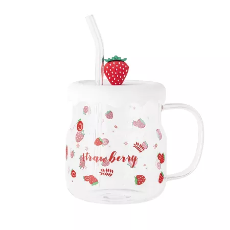Kubek szklany z silikonową pokrywką i szklaną słomką 600 ml Altom Design - Truskawka 07.K.3517 Kubek szklany z silikonową pokrywką i szklaną słomką 600 ml Altom Design - Truskawka 07.K.3517