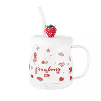 Kubek szklany z silikonową pokrywką i szklaną słomką 600 ml Altom Design - Truskawka 07.K.3517