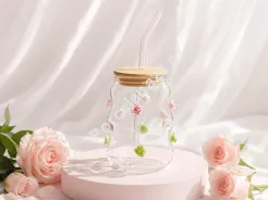 Szklanka ryflowana ze słomką 450 ml Ecarla - Różyczki 20.SZK164