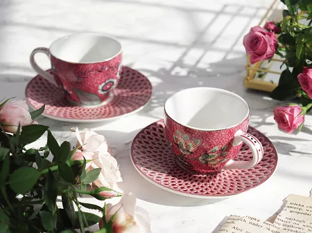 Komplet 2 filiżanek ze spodkiem 0,12 L Pip Studio - Flower Festival Dark Pink 51.FFDP.004.146