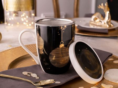 Kubek 0,3 L z zaparzaczem Altom Design - Golden Christmas Czarny Bombki 07.GC.KZ-C